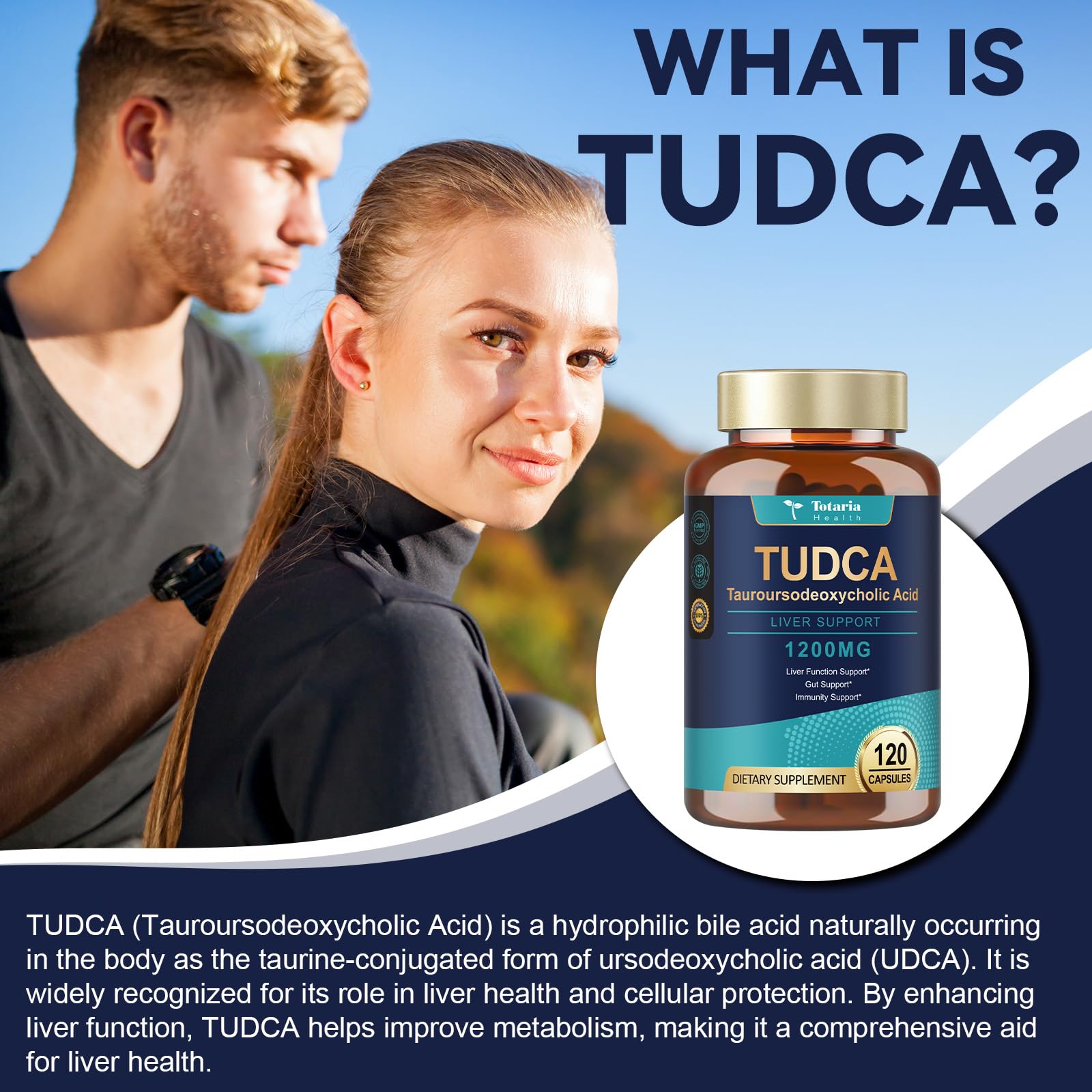 Totaria Tauroursodeoxycholic Acid 1200mg supplement bottle showing side label facts