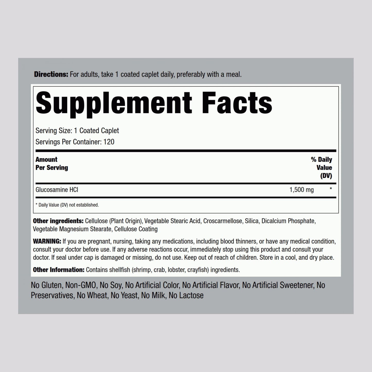 Side view of Piping Rock Mega Strength Glucosamine Hydrochloride 120 coated caplets packaging.