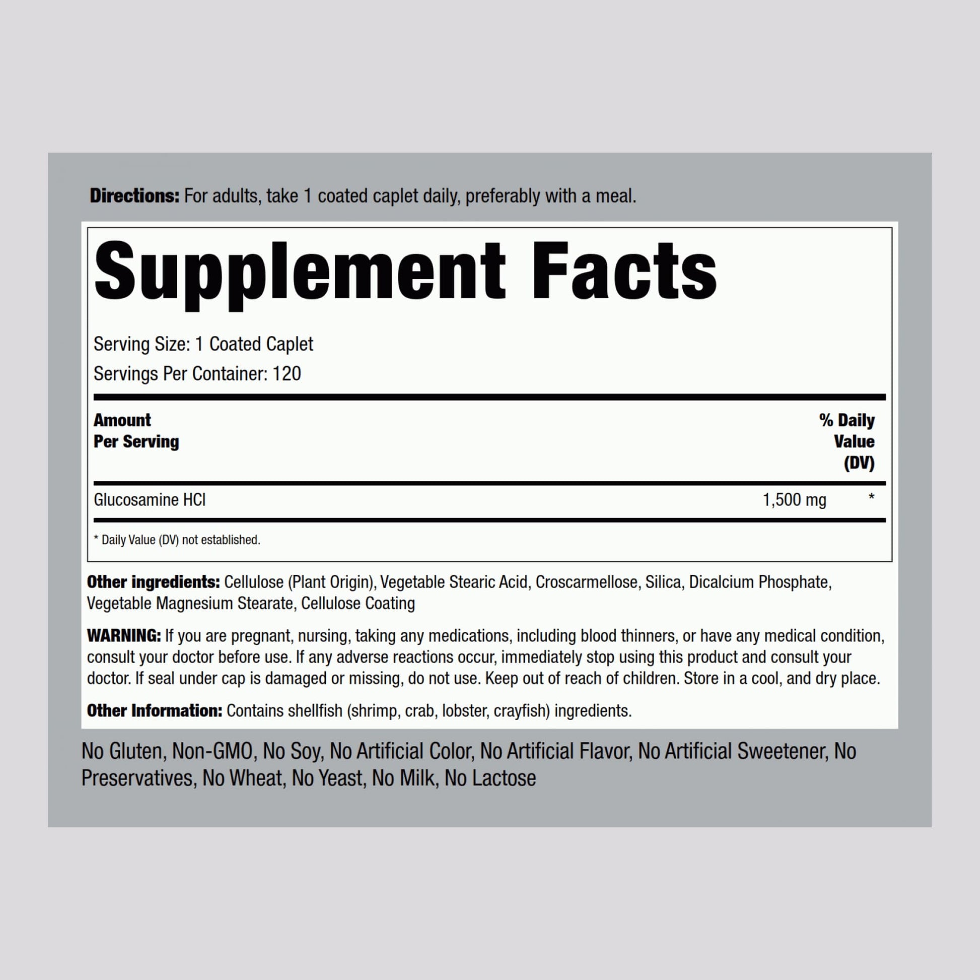Side view of Piping Rock Mega Strength Glucosamine Hydrochloride 120 coated caplets packaging.