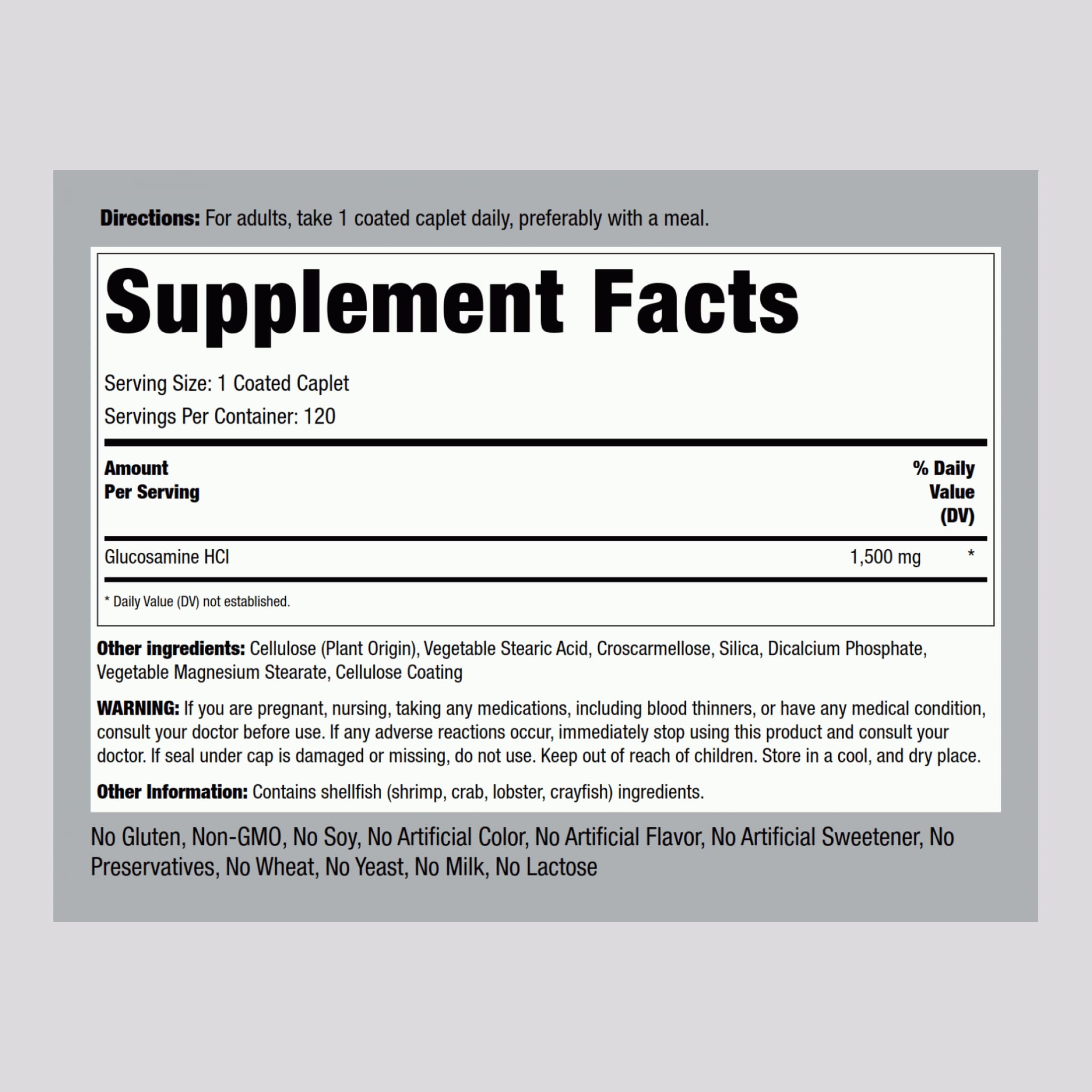 Side view of Piping Rock Mega Strength Glucosamine Hydrochloride 120 coated caplets packaging.