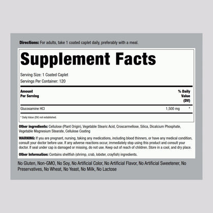 Side view of Piping Rock Mega Strength Glucosamine Hydrochloride 120 coated caplets packaging.