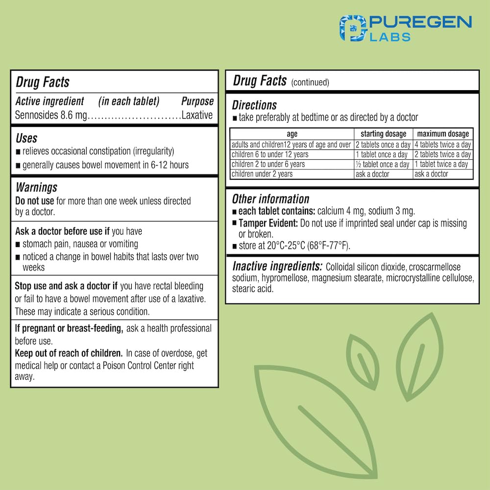 Close up of Puregen Labs Senna label showing sennosides content