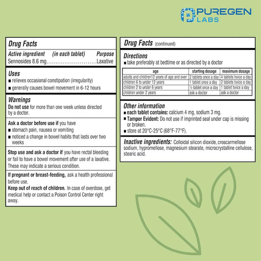 Close up of Puregen Labs Senna label showing sennosides content
