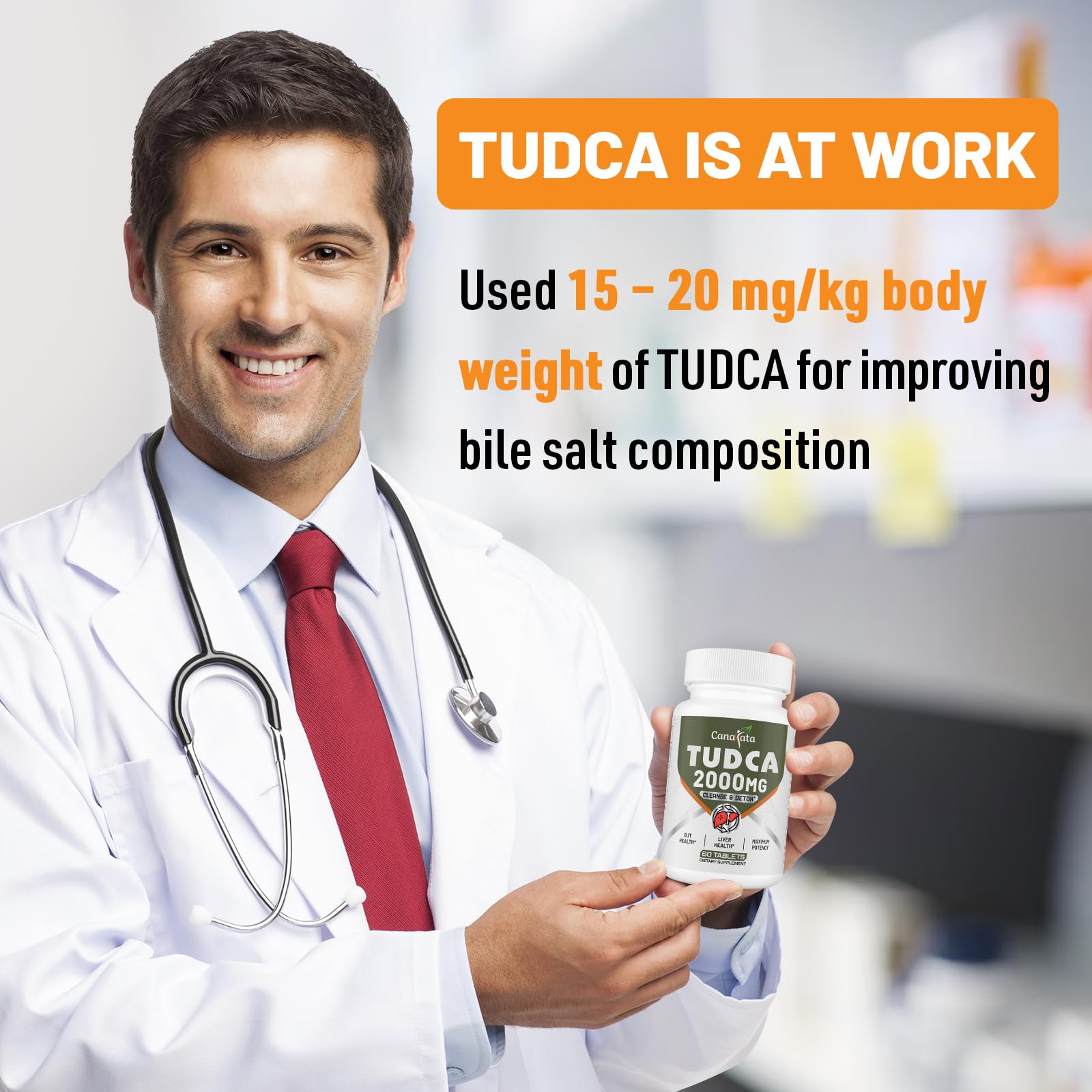 Canarata TUDCA dietary supplement bottle highlighting bile salt formula and 60 tablets count