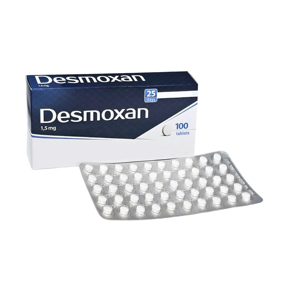 Side view of Aflofarm Desmoxan packaging showing 100 tablets count
