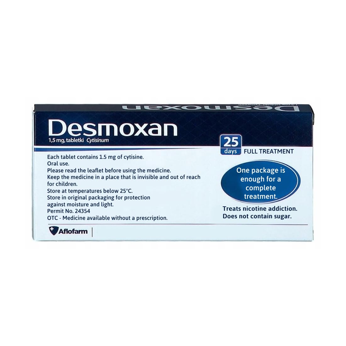 Back view of Desmoxan smoking cessation tablets box with manufacturing details