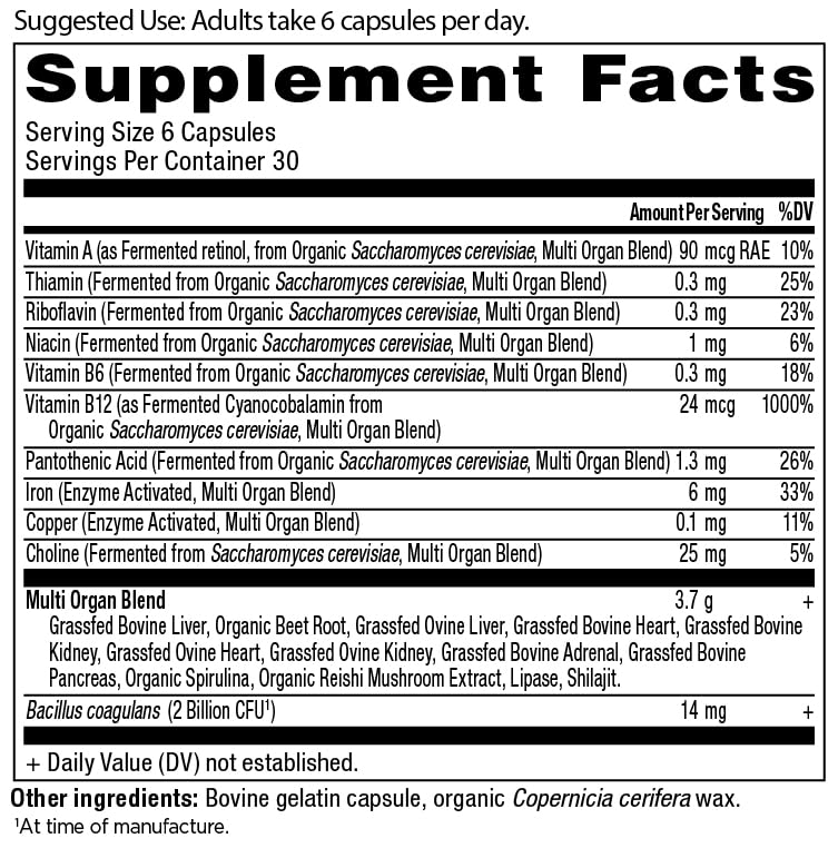 Ancient Nutrition grass fed and wild organs blend capsules nutrition facts label