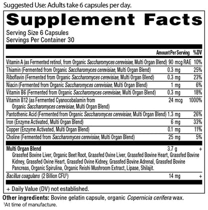 Ancient Nutrition grass fed and wild organs blend capsules nutrition facts label