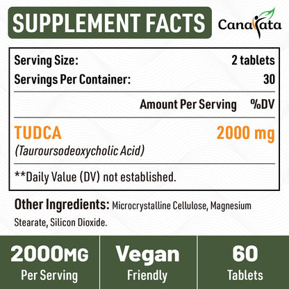 Canarata TUDCA 2000mg serving size information and premium quality manufacturing seal details