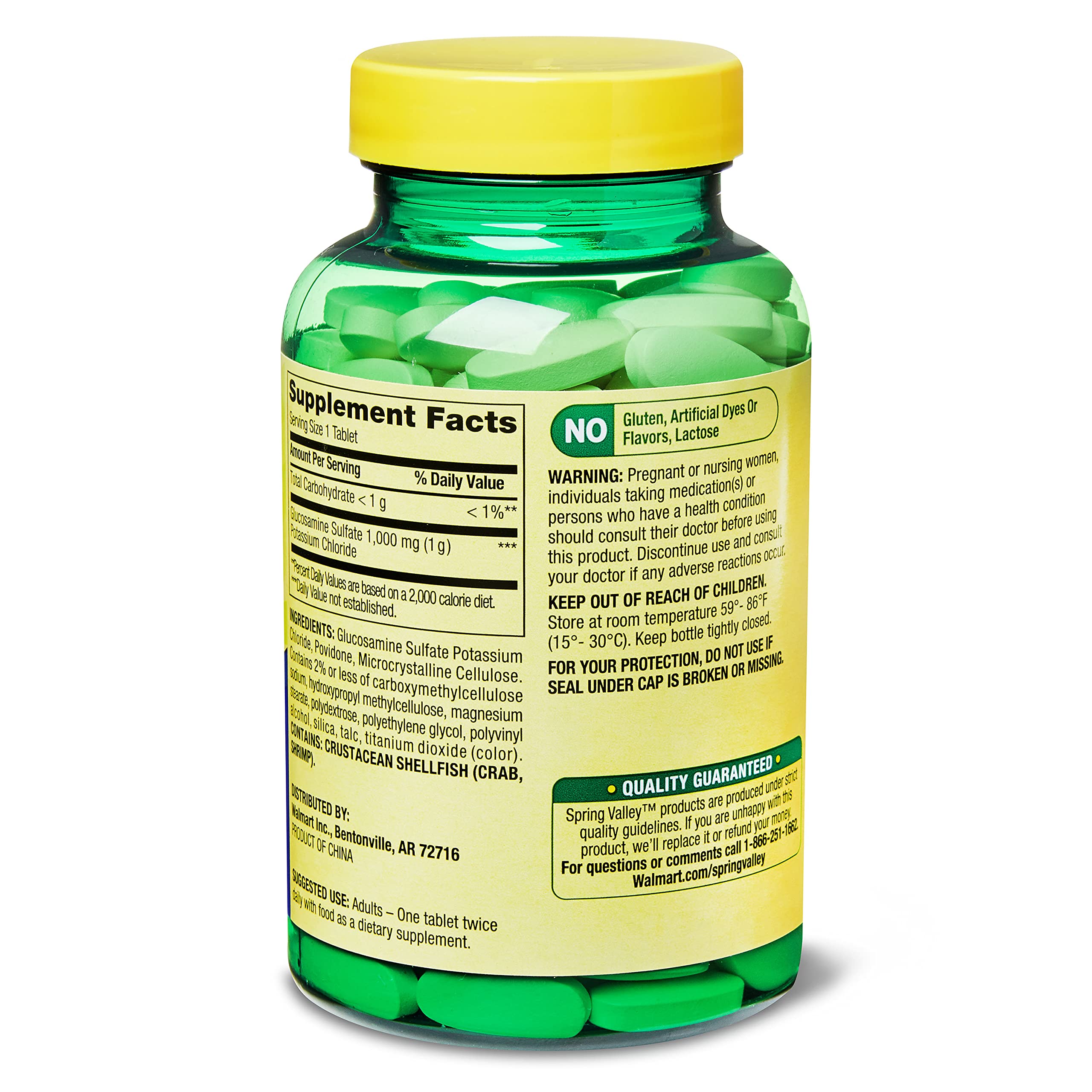 Spring Valley Glucosamine Sulfate Potassium Chloride 1000mg back label ingredients and nutritional information