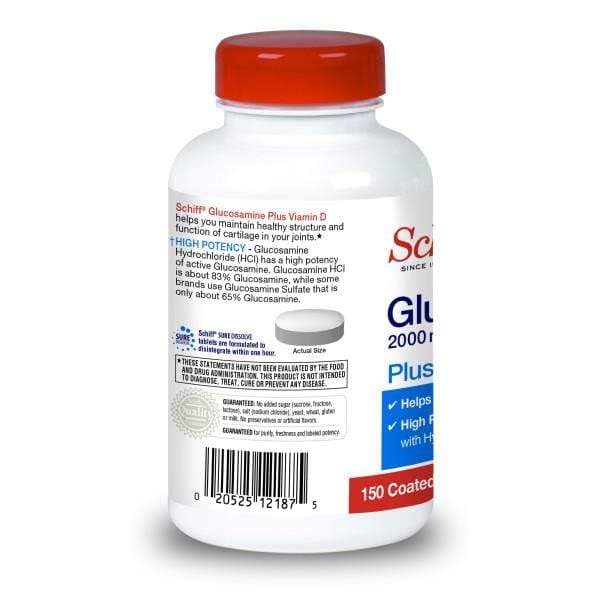 Schiff Glucosamine 150 coated tablets packaging showing active ingredients and supplement facts label