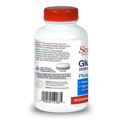 Schiff Glucosamine 150 coated tablets packaging showing active ingredients and supplement facts label
