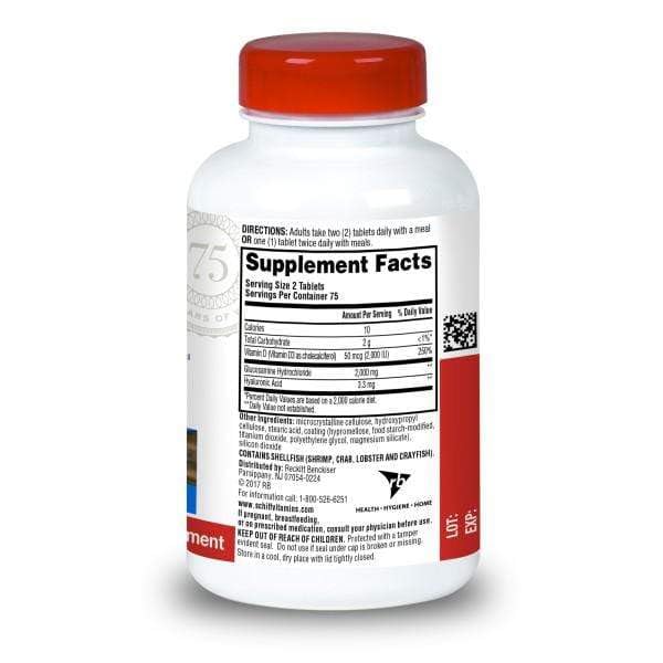 Side angle view of Schiff imported joint health supplement bottle detailing adult usage instructions