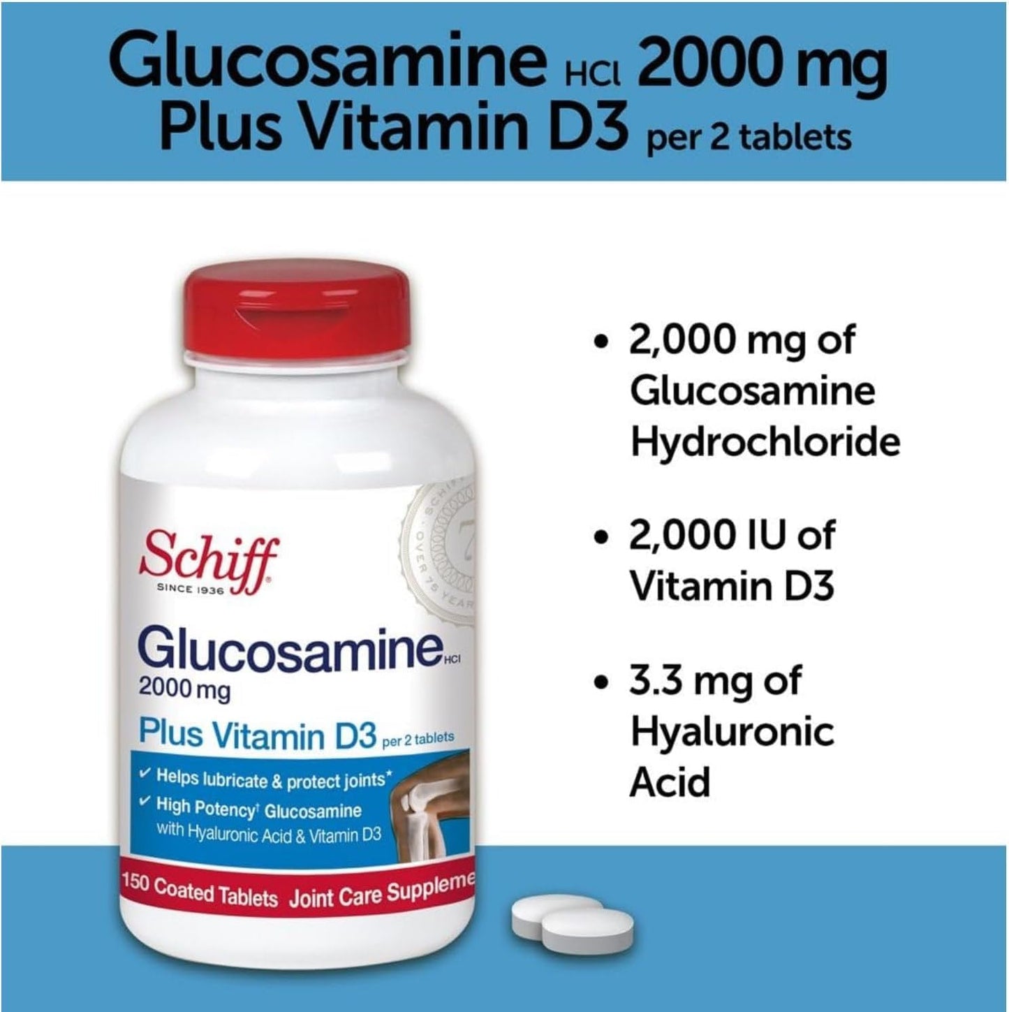 Authentic Schiff Glucosamine 2000 milligram joint care pills showing bottle safety seal and expiry date