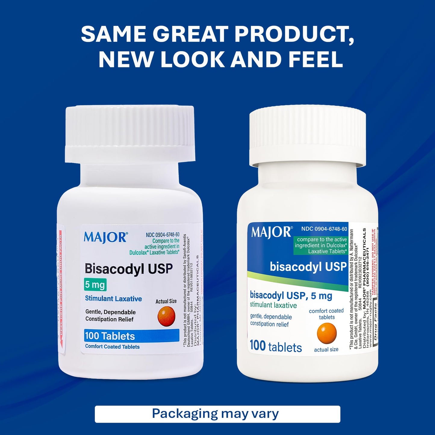 Side view of Major Bisacodyl USA imported laxative packaging