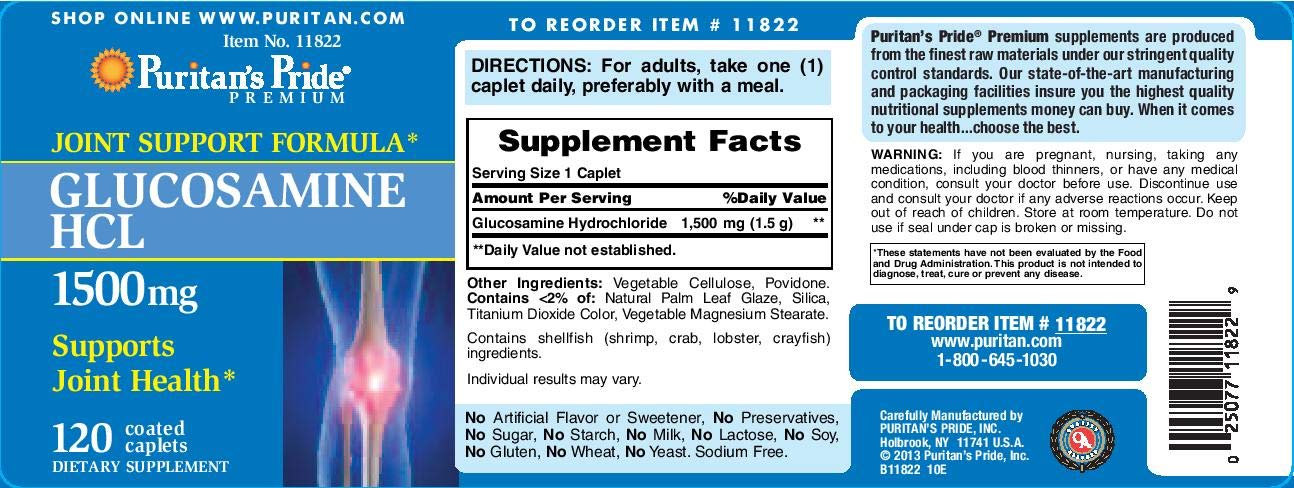 Puritan's Pride Glucosamine Hydrochloride 120 coated caplets nutritional facts label view