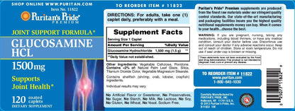 Puritan's Pride Glucosamine Hydrochloride 120 coated caplets nutritional facts label view