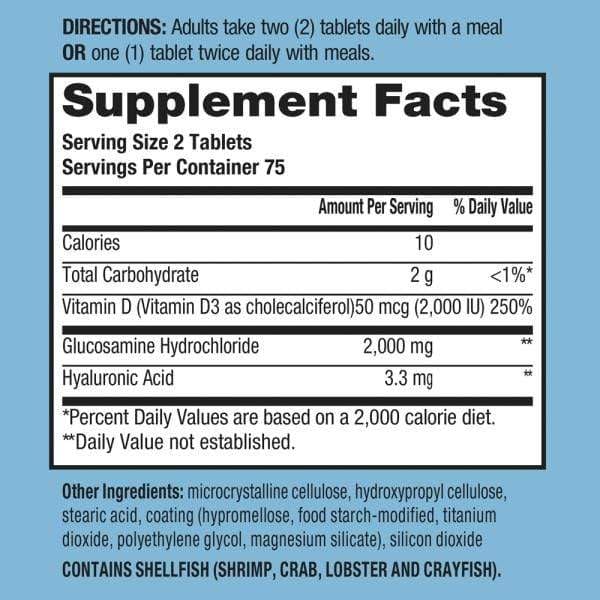 Close up of Schiff joint lubrication and cartilage support formula highlight graphics on front label