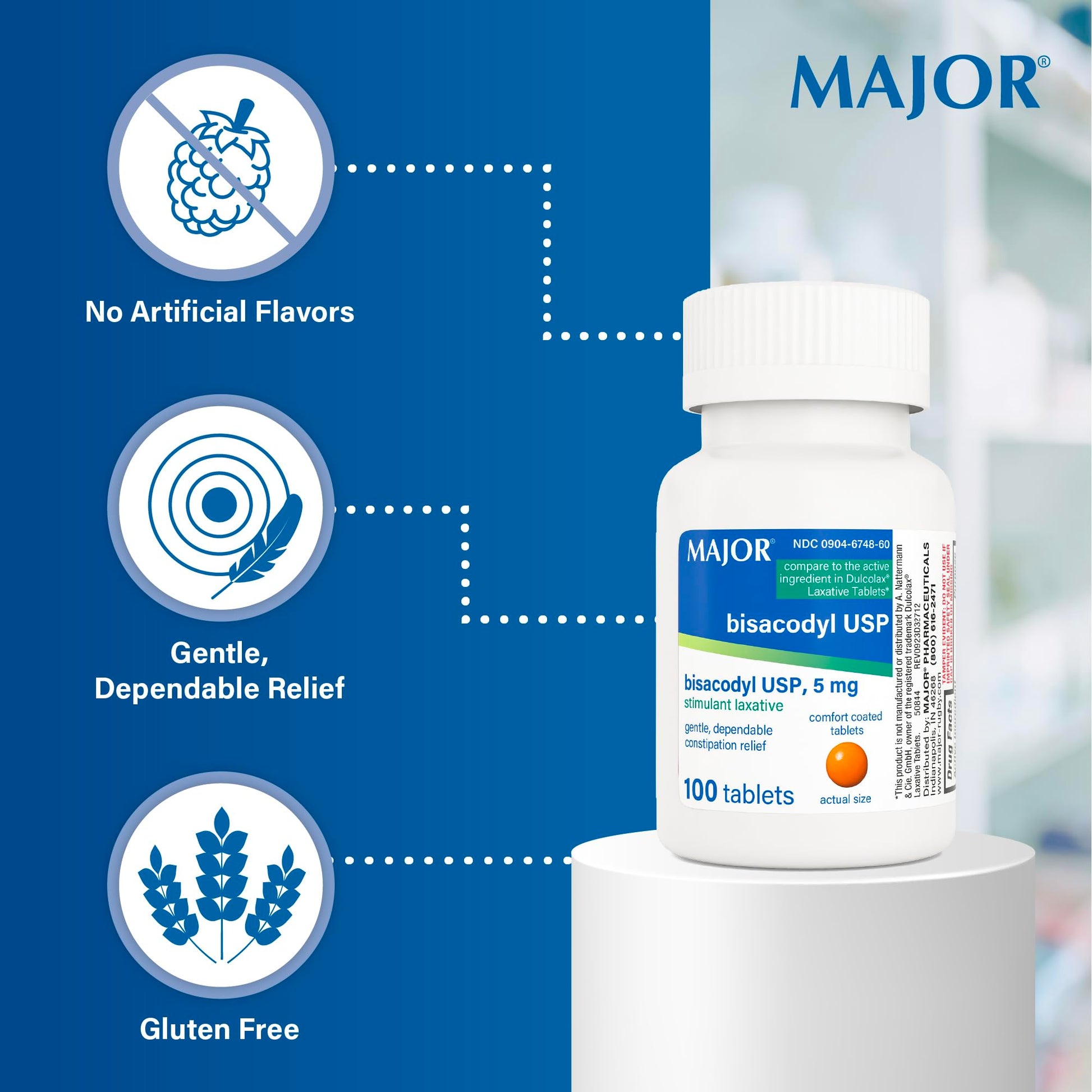 Close up of Major Bisacodyl enteric coated tablet branding