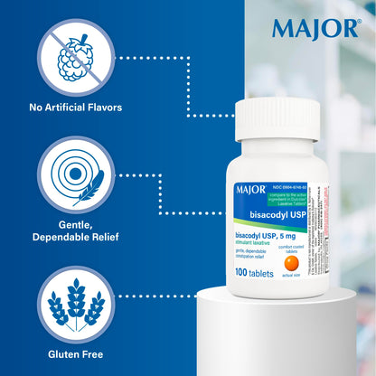 Close up of Major Bisacodyl enteric coated tablet branding