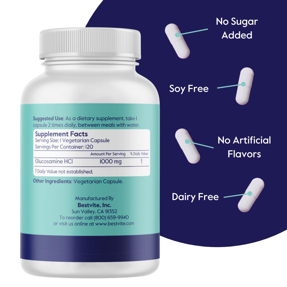 Bestvite shellfish free glucosamine capsules nutritional facts label detailing ingredients