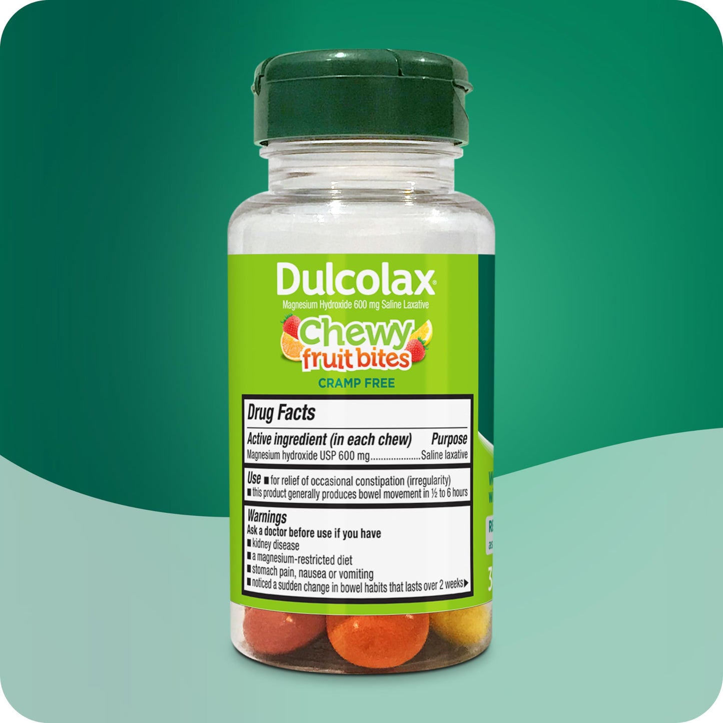 Back of Dulcolax Chewy Fruit Bites bottle showing drug facts