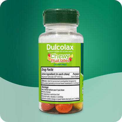 Back of Dulcolax Chewy Fruit Bites bottle showing drug facts