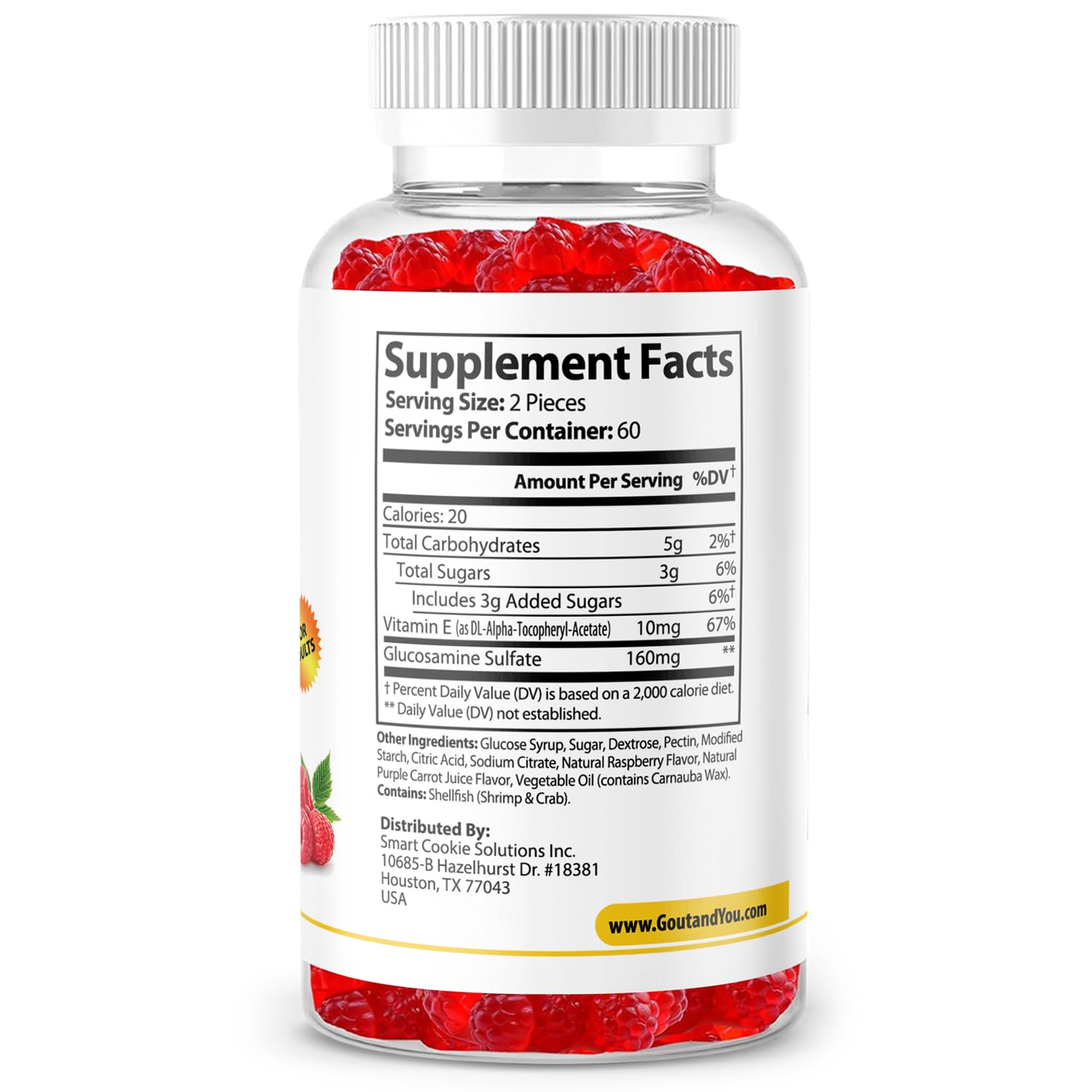 Gout And You Glucosamine and Vitamin E premium joint support gummies nutritional facts label.