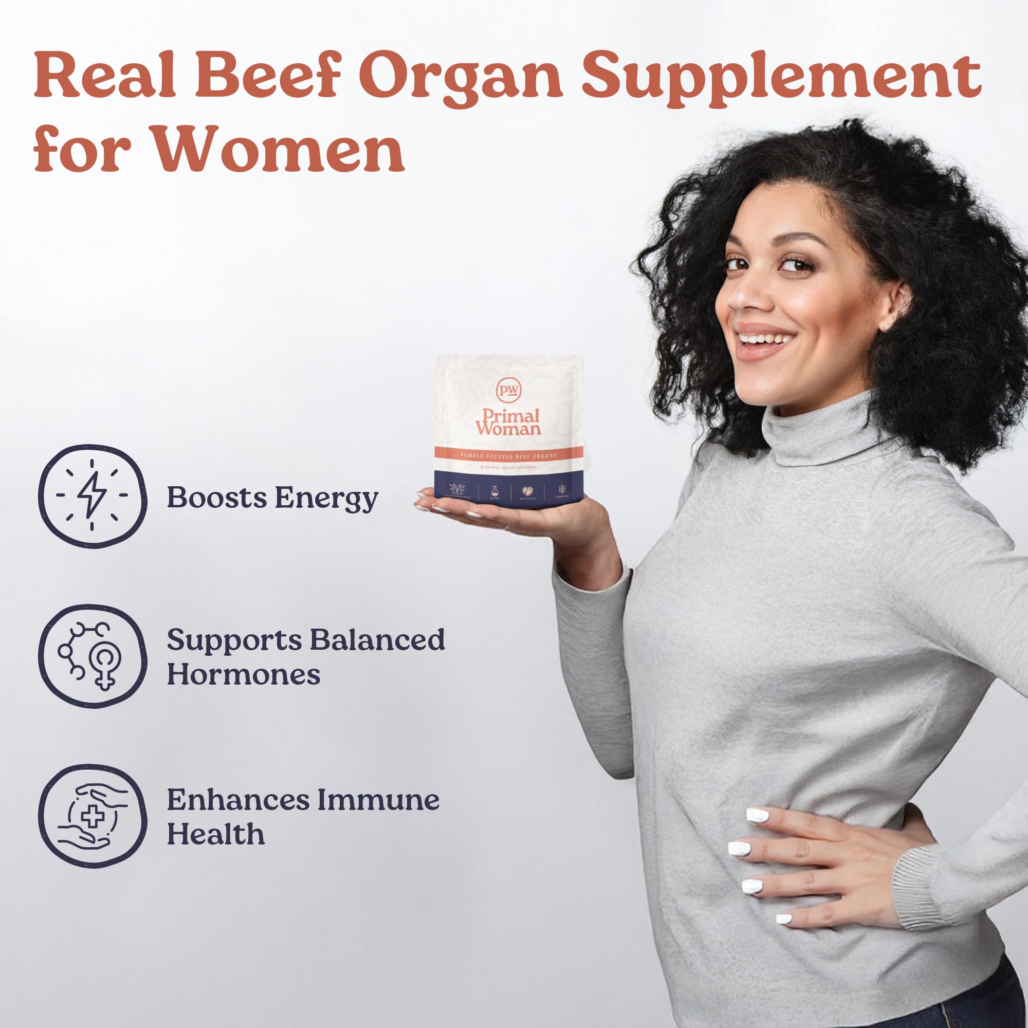 Primal Woman female focused beef organs dietary supplement dietary facts panel showing premium ingredients