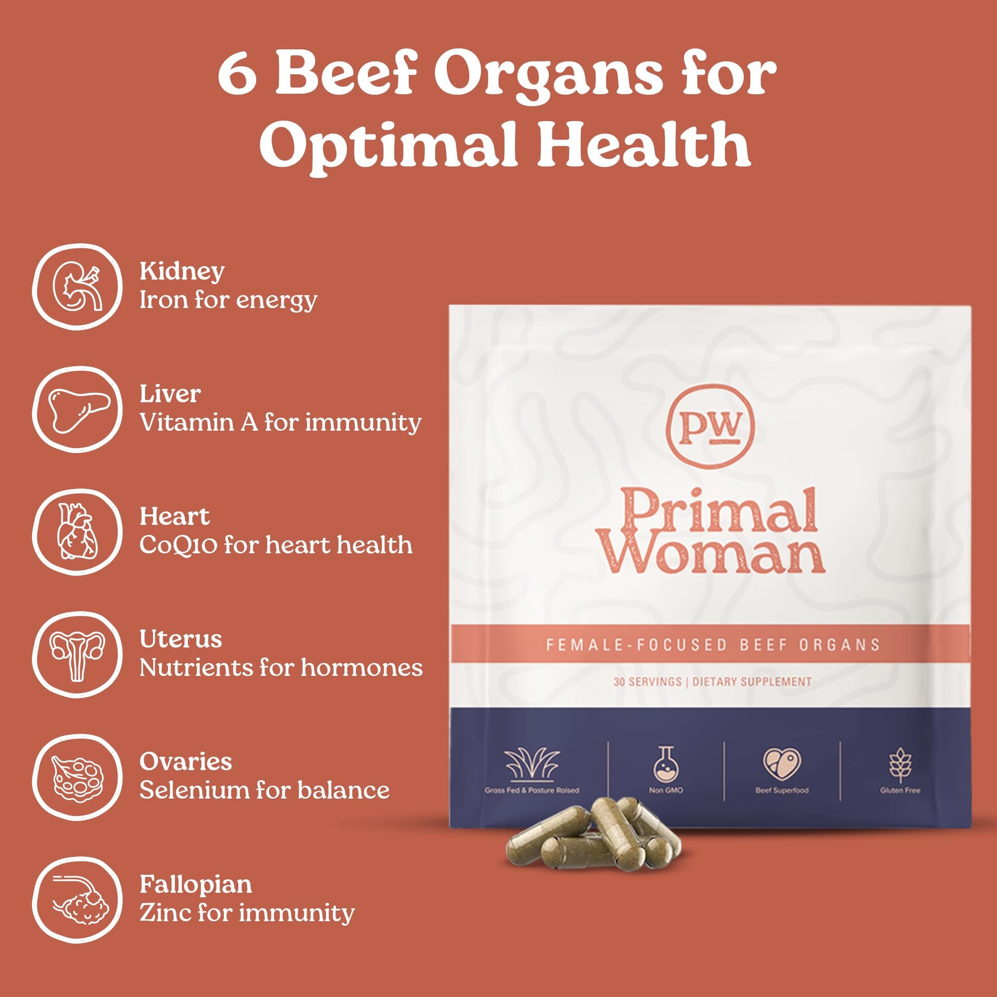Primal Woman pasture raised beef liver capsules for natural energy and hormone balance