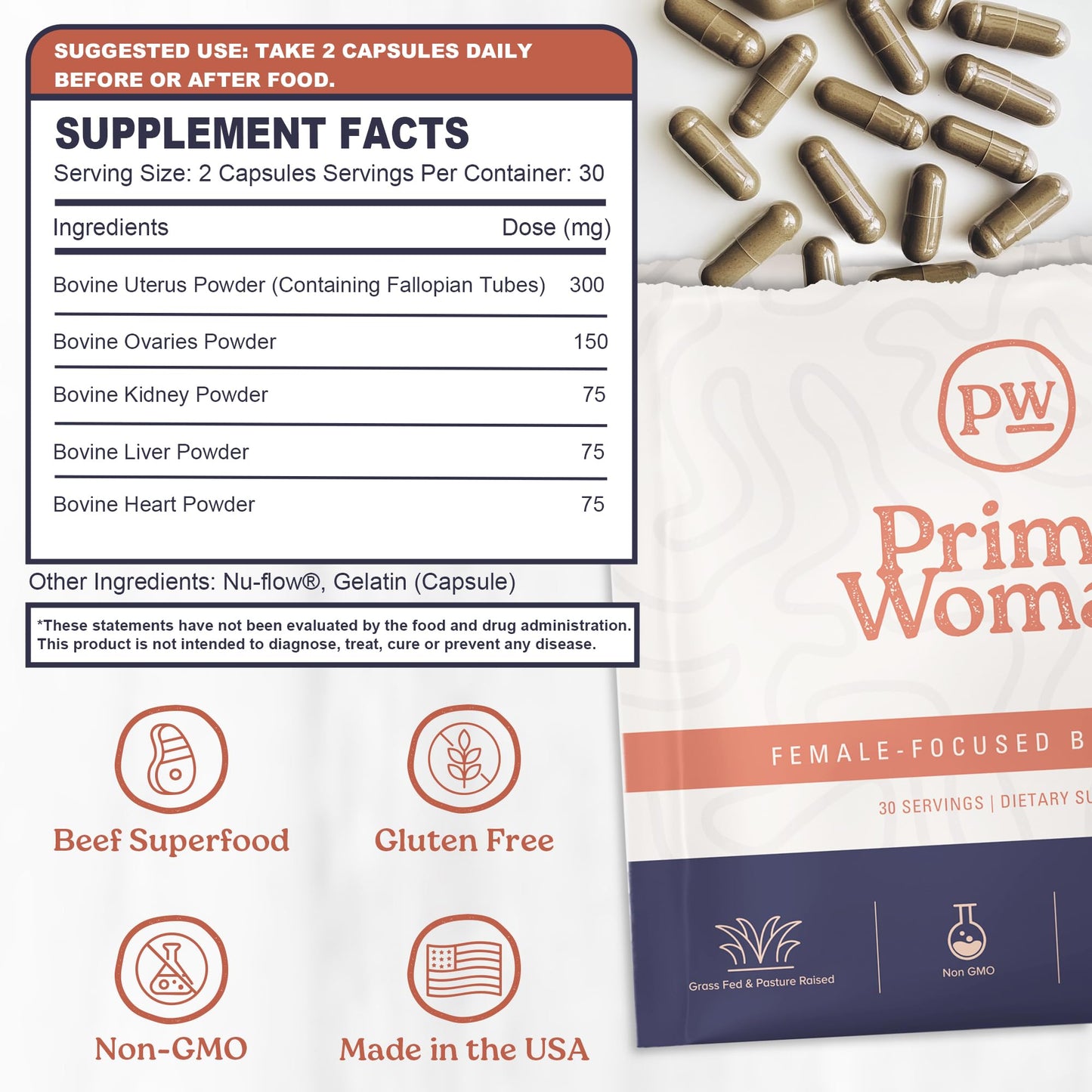 Side view of Primal Woman ancestral superfood supplement bottle with non GMO and gluten free labels