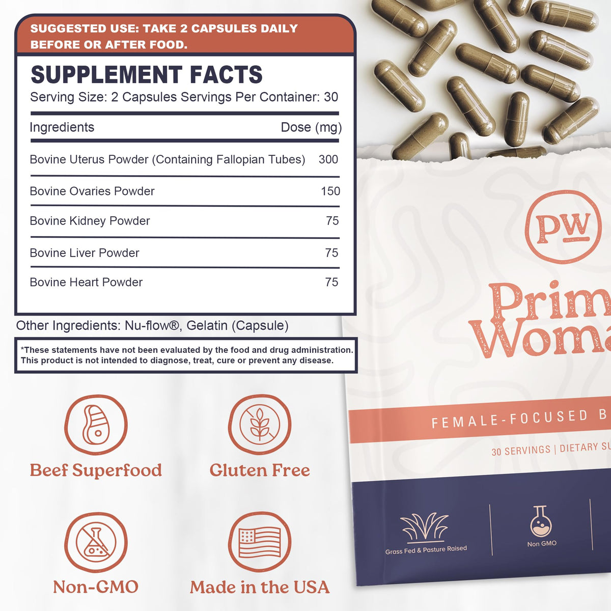 Primal Woman beef organ pills container with capsule display