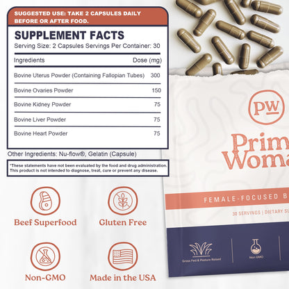 Side view of Primal Woman ancestral superfood supplement bottle with non GMO and gluten free labels