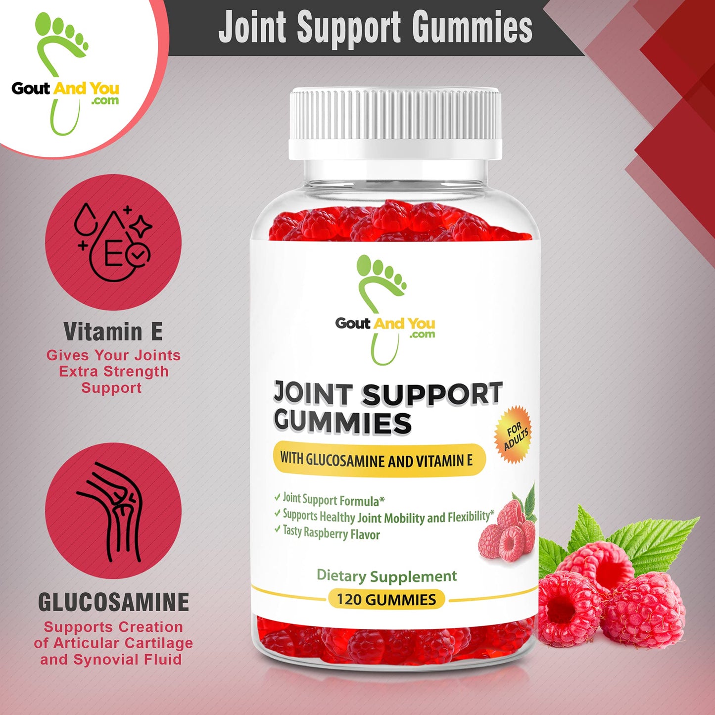 Close up of raspberry joint support gummies for adult knee and hand flexibility.