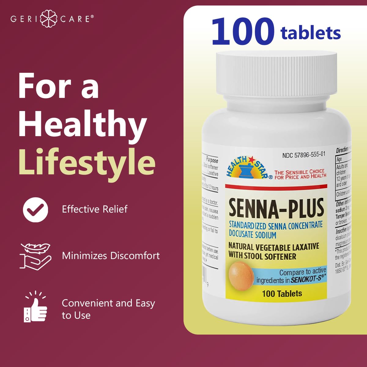 GeriCare Senna Plus 100 count bottle label details