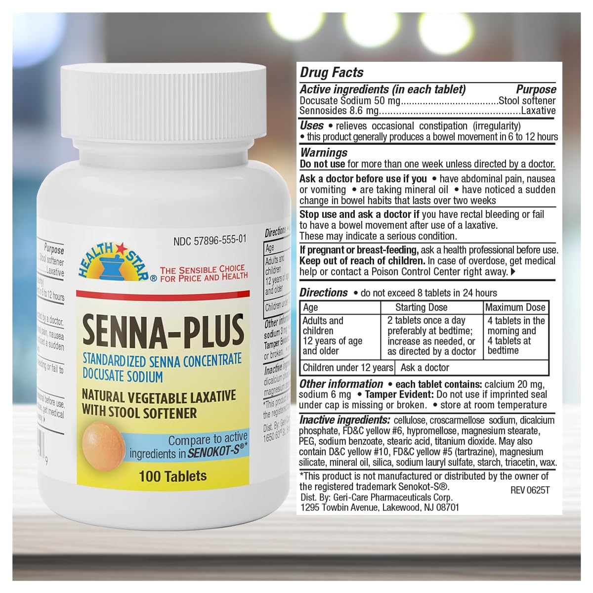 Side view of GeriCare Senna Plus packaging showing active ingredients