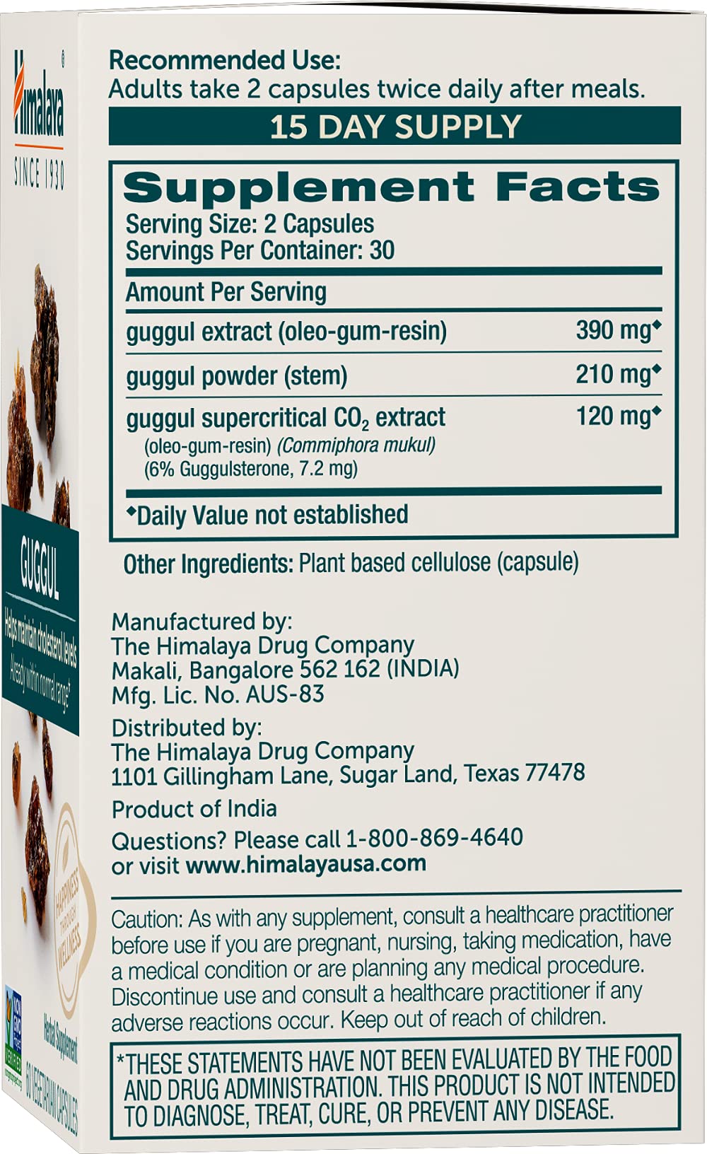Himalaya USA imported Guggul 60 vegetarian capsules bottle side view showing supplement facts label