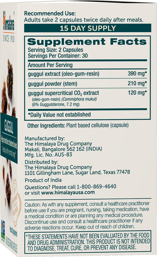 Himalaya USA imported Guggul 60 vegetarian capsules bottle side view showing supplement facts label