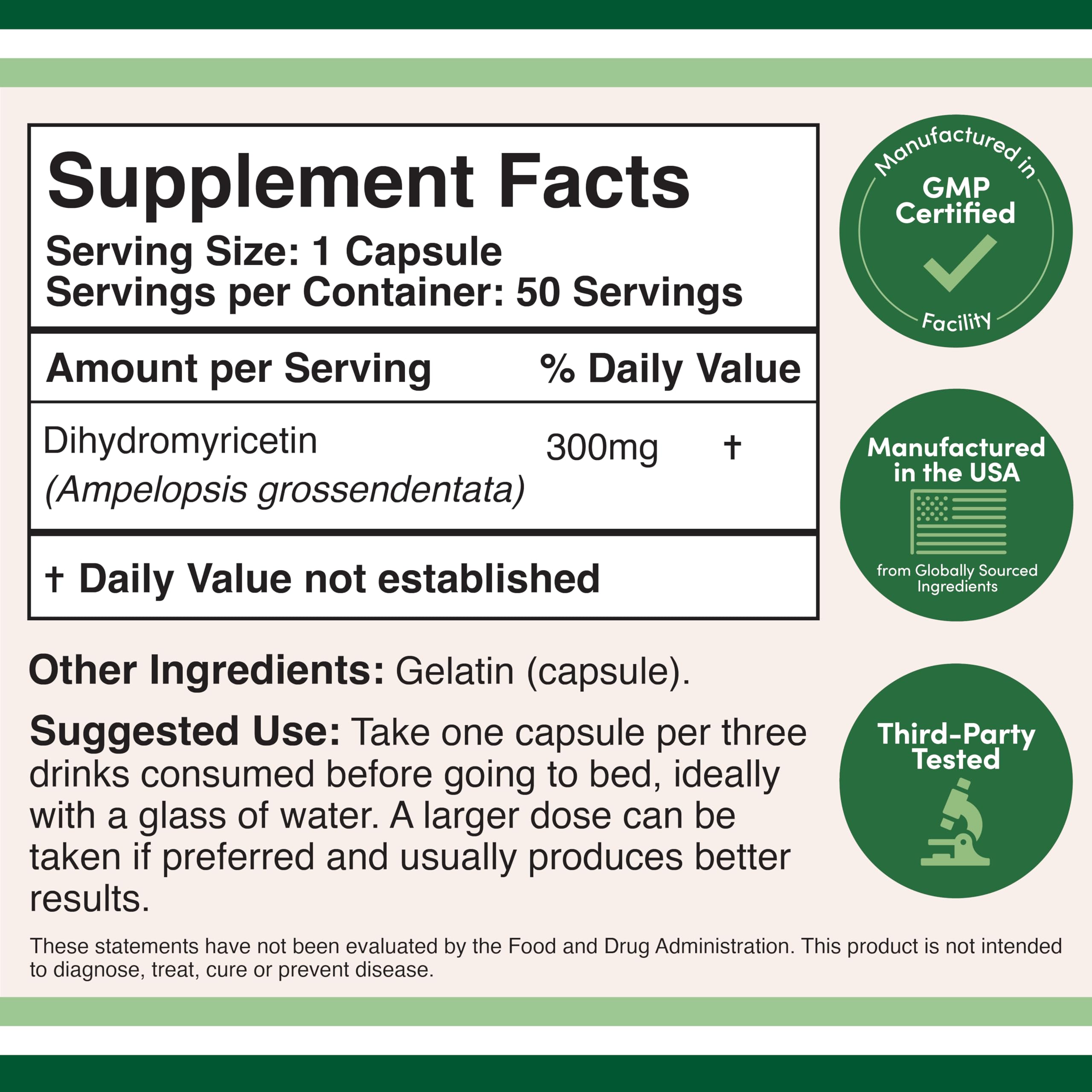 Double Wood Supplements DHM 50 capsules nutritional information label panel