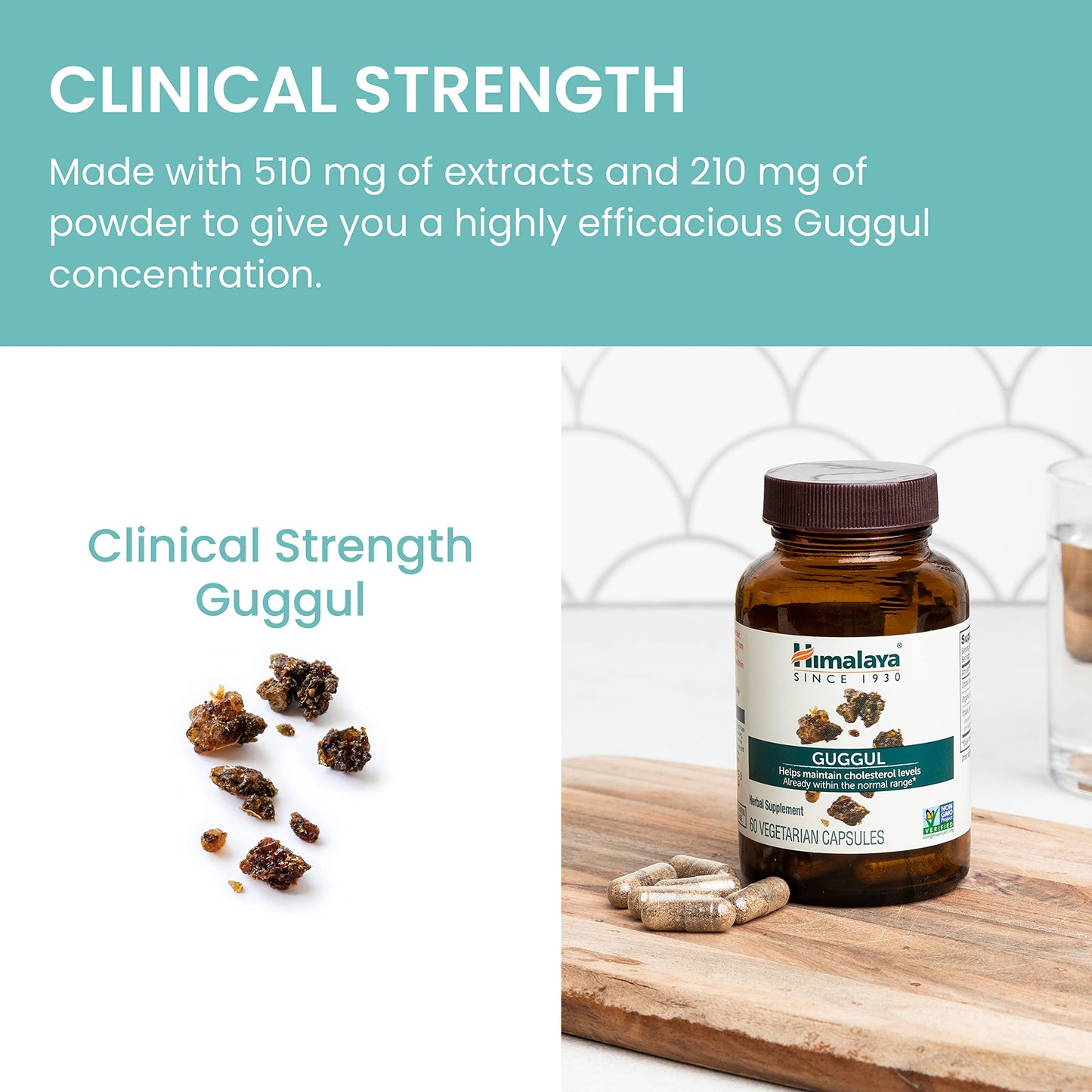 Close up of pure Guggul extract supplement by Himalaya showing clear vegetarian packaging details
