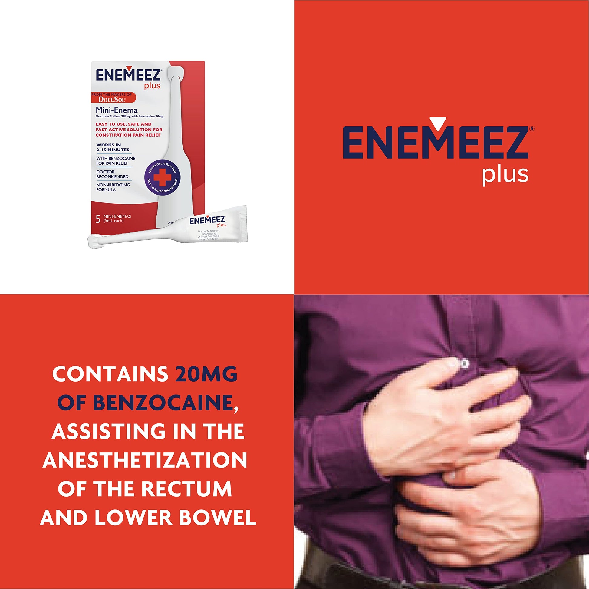 Close up of Enemeez Docusol Plus branding and 5 count label