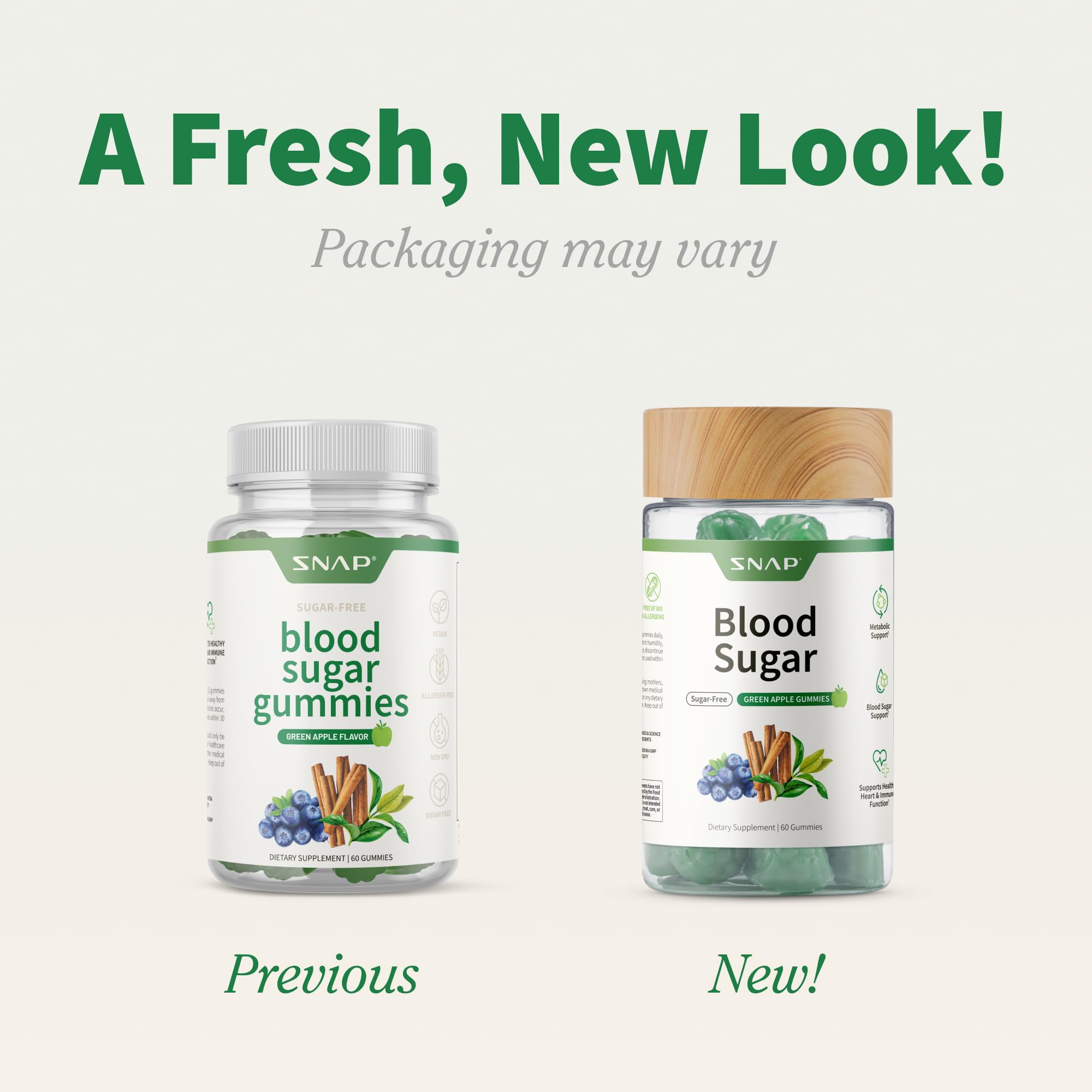 Snap Supplements Sugar Free Blood Sugar Gummies packaging displaying key ingredient highlights.
