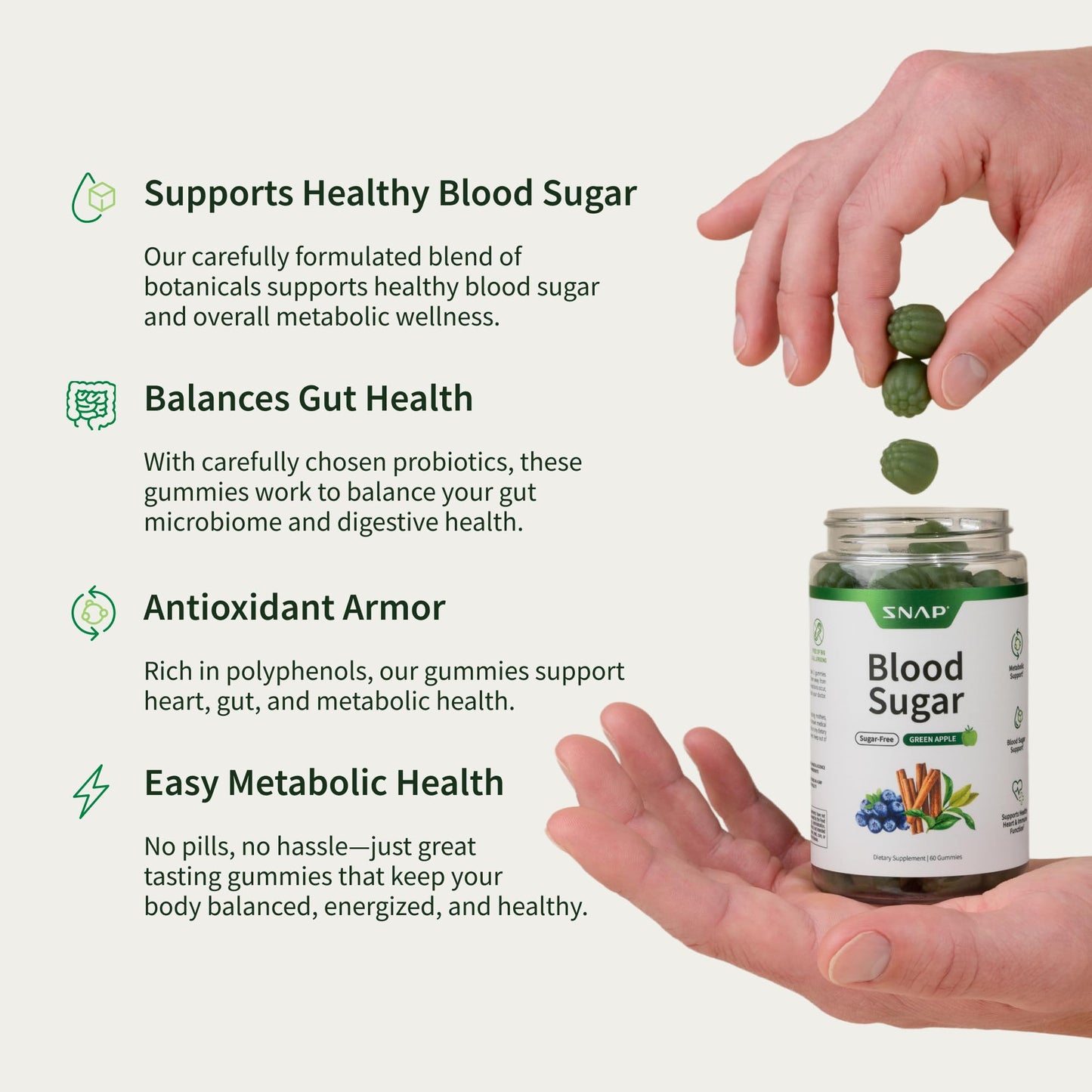 Snap Supplements green apple flavor dietary gummies bottle displayed on a clean background.