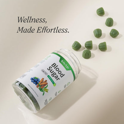 Snap Supplements blood sugar blend 60 count container highlighting antioxidant benefits.