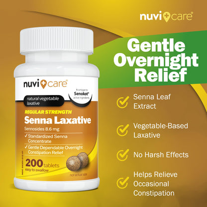 Nuvicare senna laxative bottle showing 8.6 mg sennosides dosage