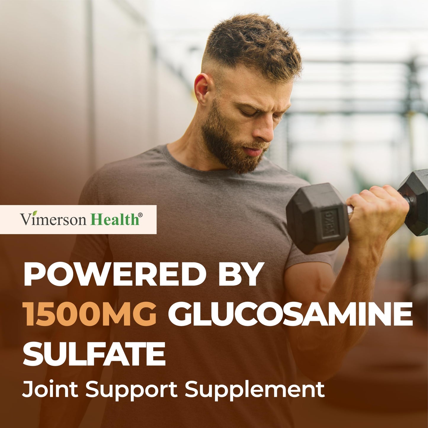 Side view of Vimerson Health Glucosamine Sulfate 1500mg showing dosage and usage instructions