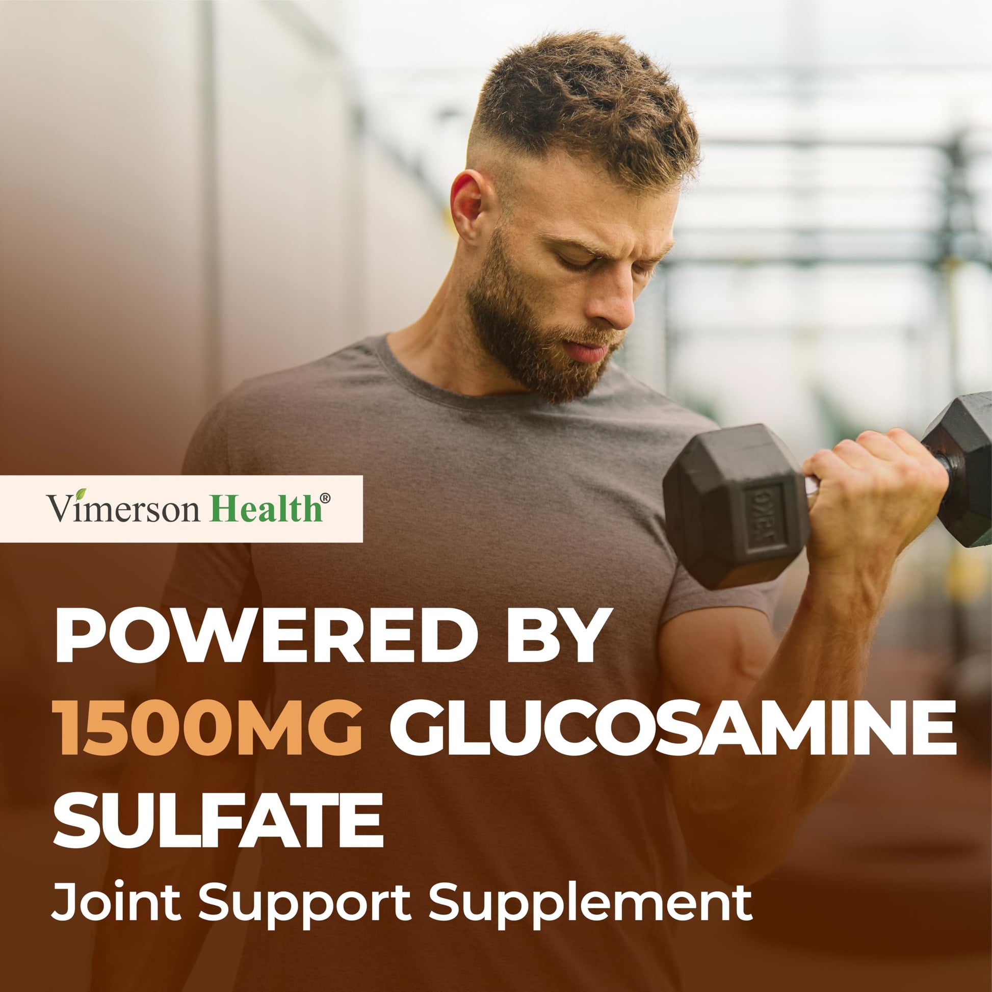 Side view of Vimerson Health Glucosamine Sulfate 1500mg showing dosage and usage instructions