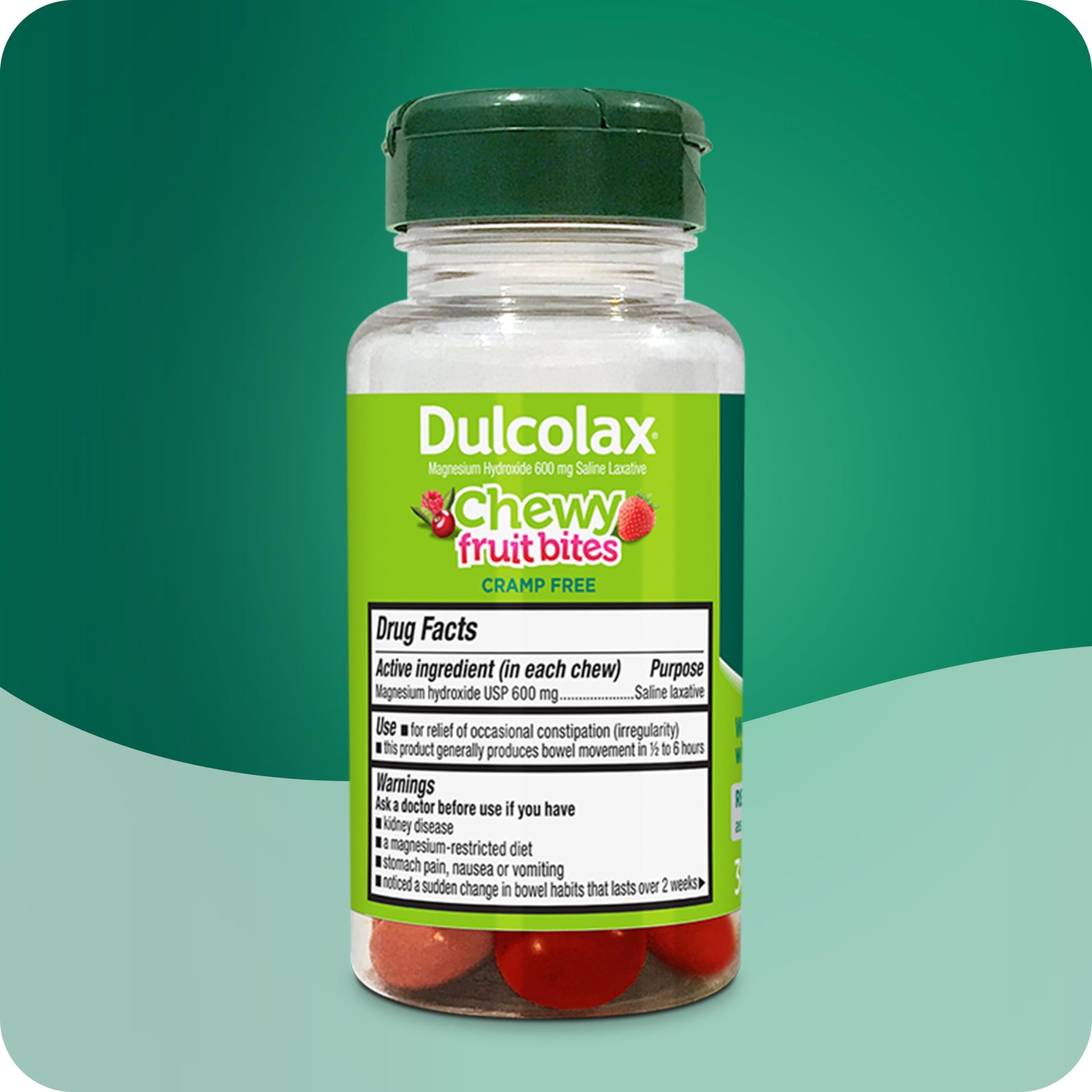 Side view of Dulcolax constipation relief chewable bites bottle