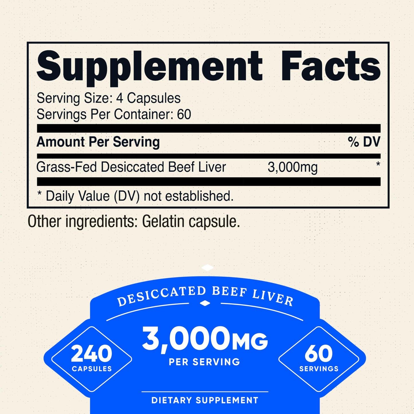 Nutricost pasture raised beef liver three thousand milligram dietary supplement bottle angled view.
