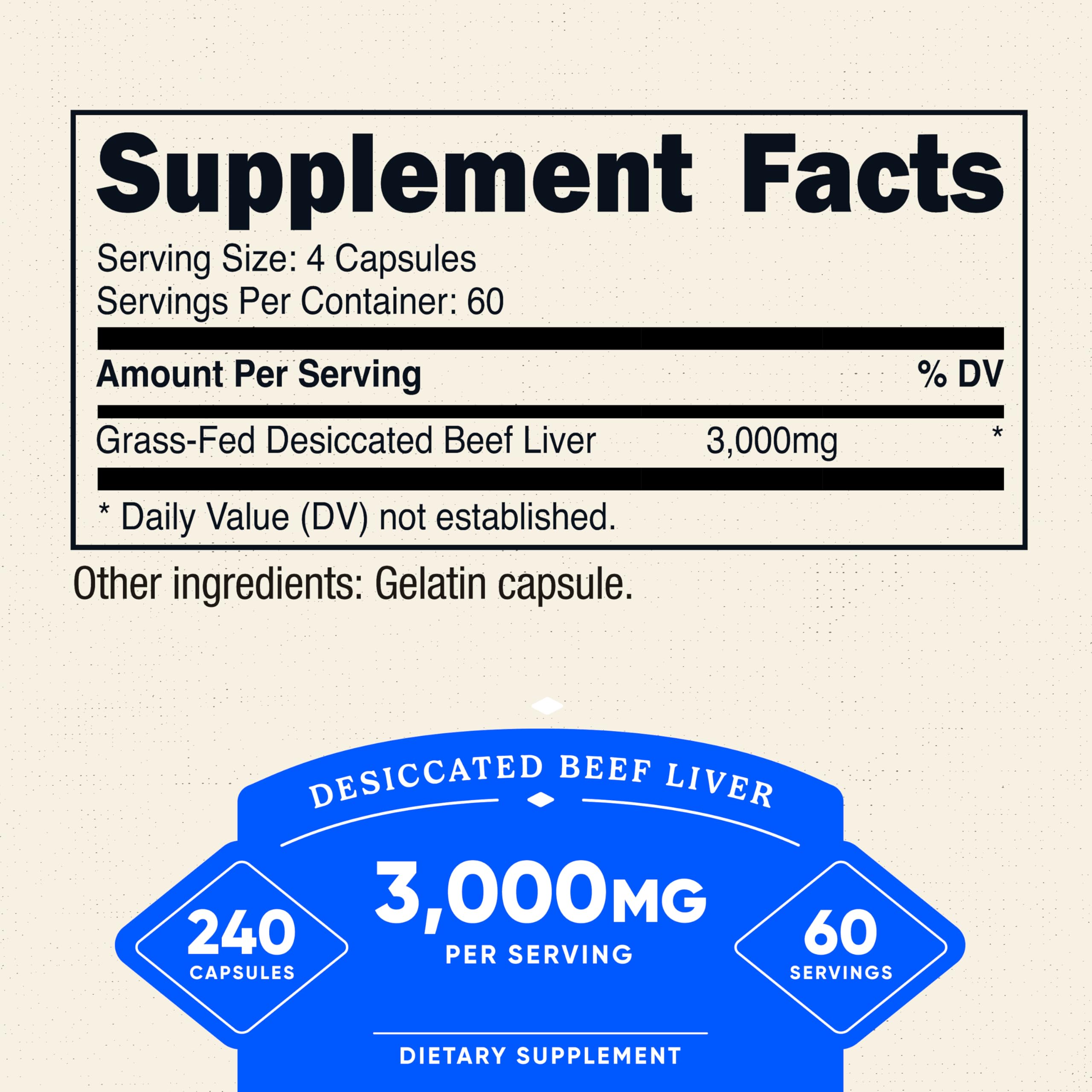 Nutricost pasture raised beef liver three thousand milligram dietary supplement bottle angled view.
